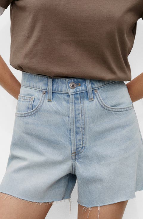 Button Fly Fray Hem Denim Shorts