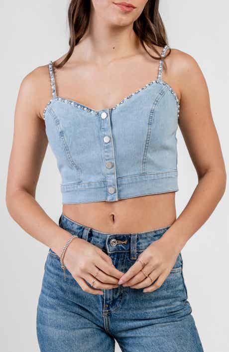 Studded Stretch Denim Crop Top
