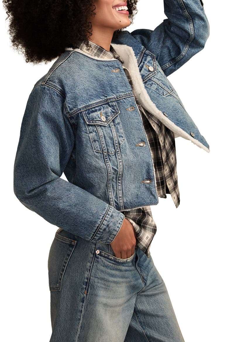 Collarless Crop Denim Trucker Jacket, Alternate, color, COZY COTTAGE WASH