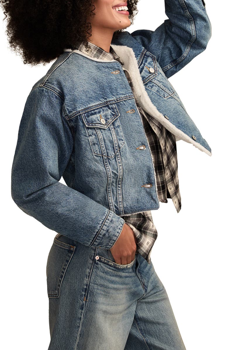 Lucky Brand Collarless Crop Denim Trucker Jacket, Alternate, color, Cozy Cottage Wash
