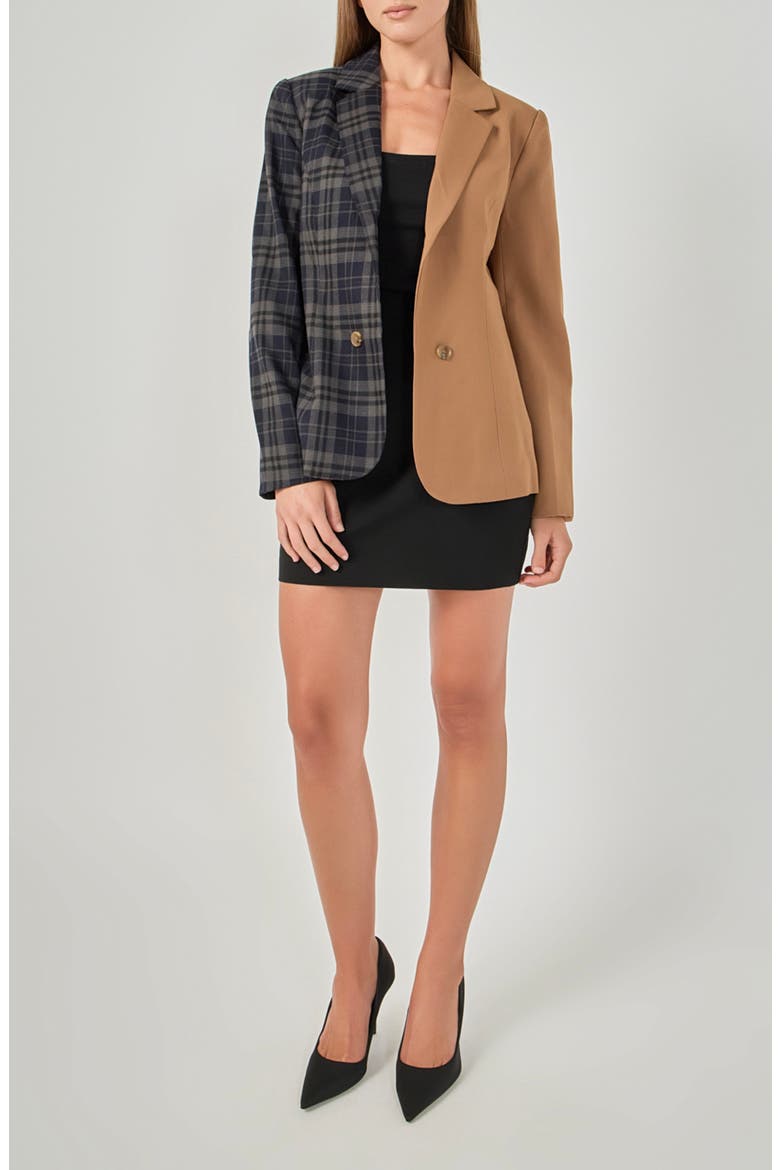 Two-Tone Plaid Blazer, Alternate, color, NAVY/ TAUPE