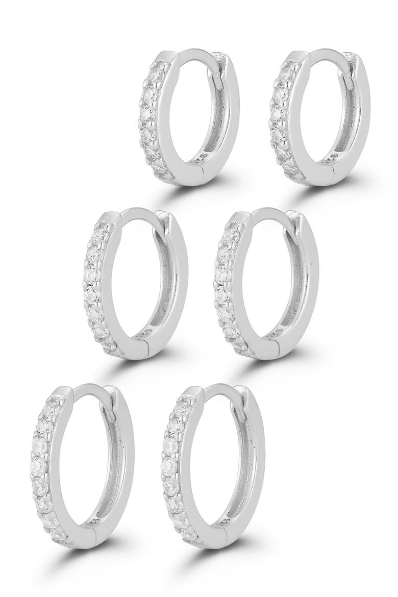 Set of 3 Cubic Zirconia Huggie Hoop Earrings, Main, color, SILVER