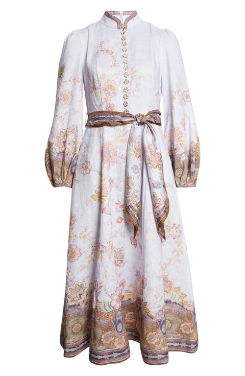 Luna Paisley Print Long Sleeve Linen Midi Dress