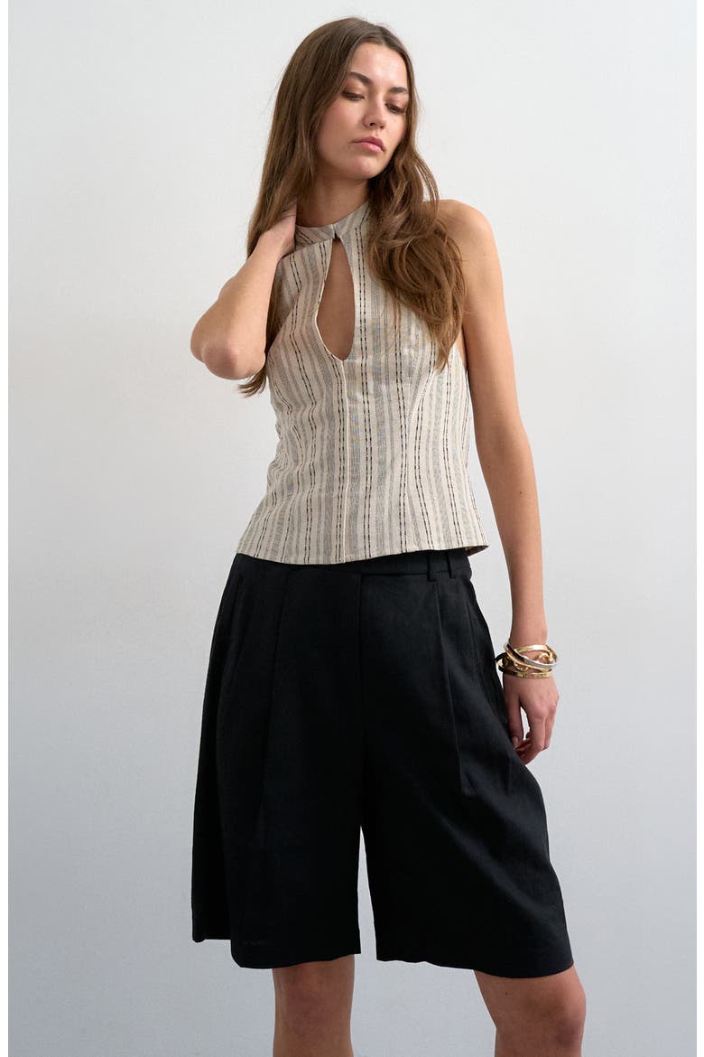 Ovoid Linen Blend Bermuda Shorts, Alternate, color, BLACK