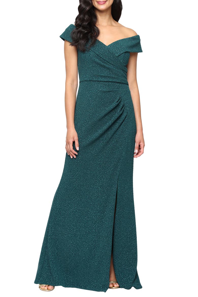 Off the Shoulder Stretch Metallic Jacquard Gown, Main, color, PINE