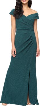 Alex Evenings Off the Shoulder Stretch Metallic Jacquard Gown