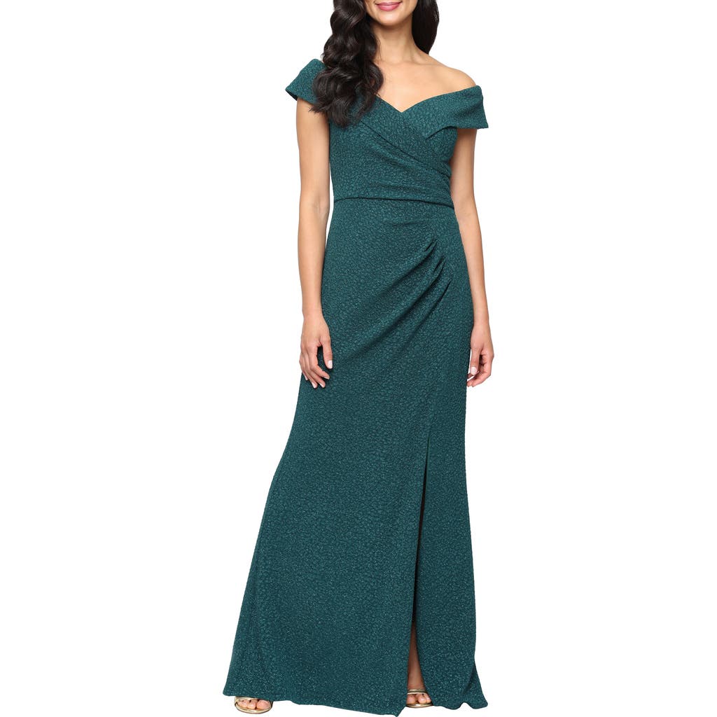 Alex Evenings Off The Shoulder Stretch Metallic Jacquard Gown In Green