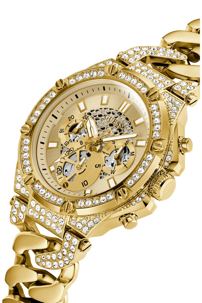 Multifunction Crystal Skeleton Curb Chain Bracelet Watch, 46mm, Alternate, color, GOLD/GOLD/GOLD