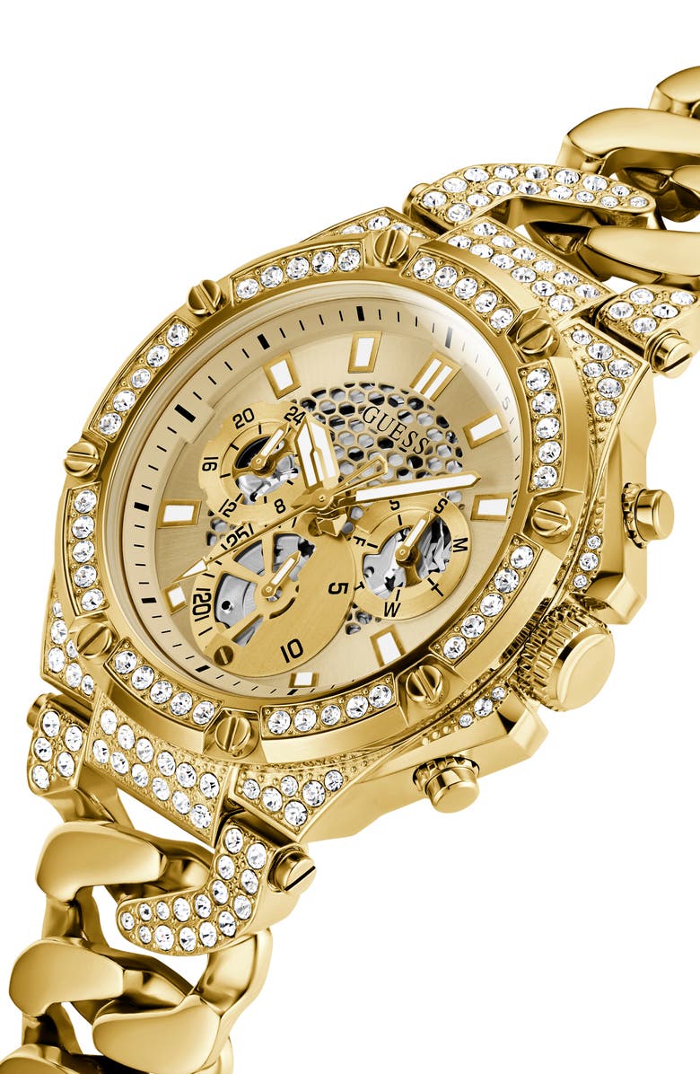 GUESS Multifunction Crystal Skeleton Curb Chain Bracelet Watch, 46mm, Alternate, color, 