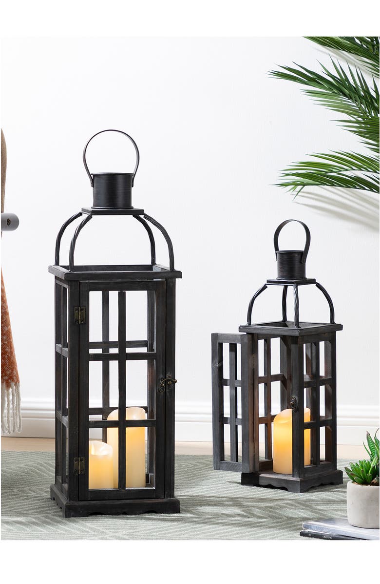Glitzhome Set of 2 Farmhouse Vintage Wood & Metal Lanterns Candle Holders with Hanger, Alternate, color, Black
