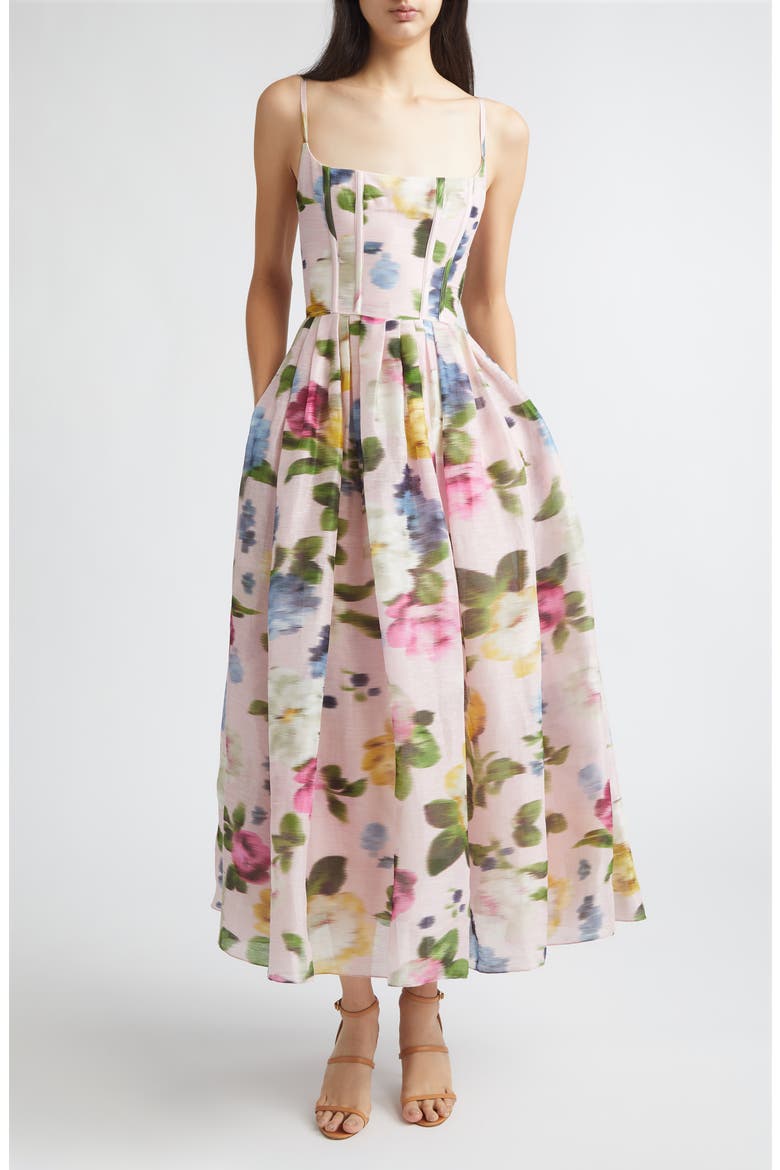 Chiné Floral Print Linen & Silk Corset Midi Dress, Main, color, ROSEWATER MULTI