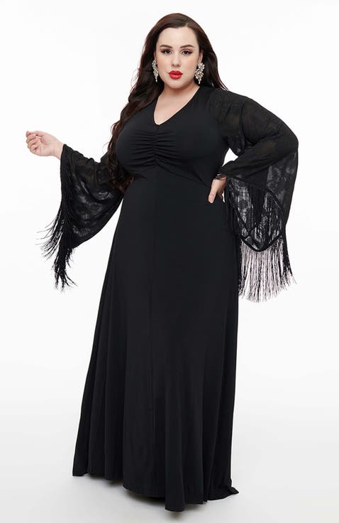Plus Size Fringed Long Bell Sleeved Ruched Maxi Dress