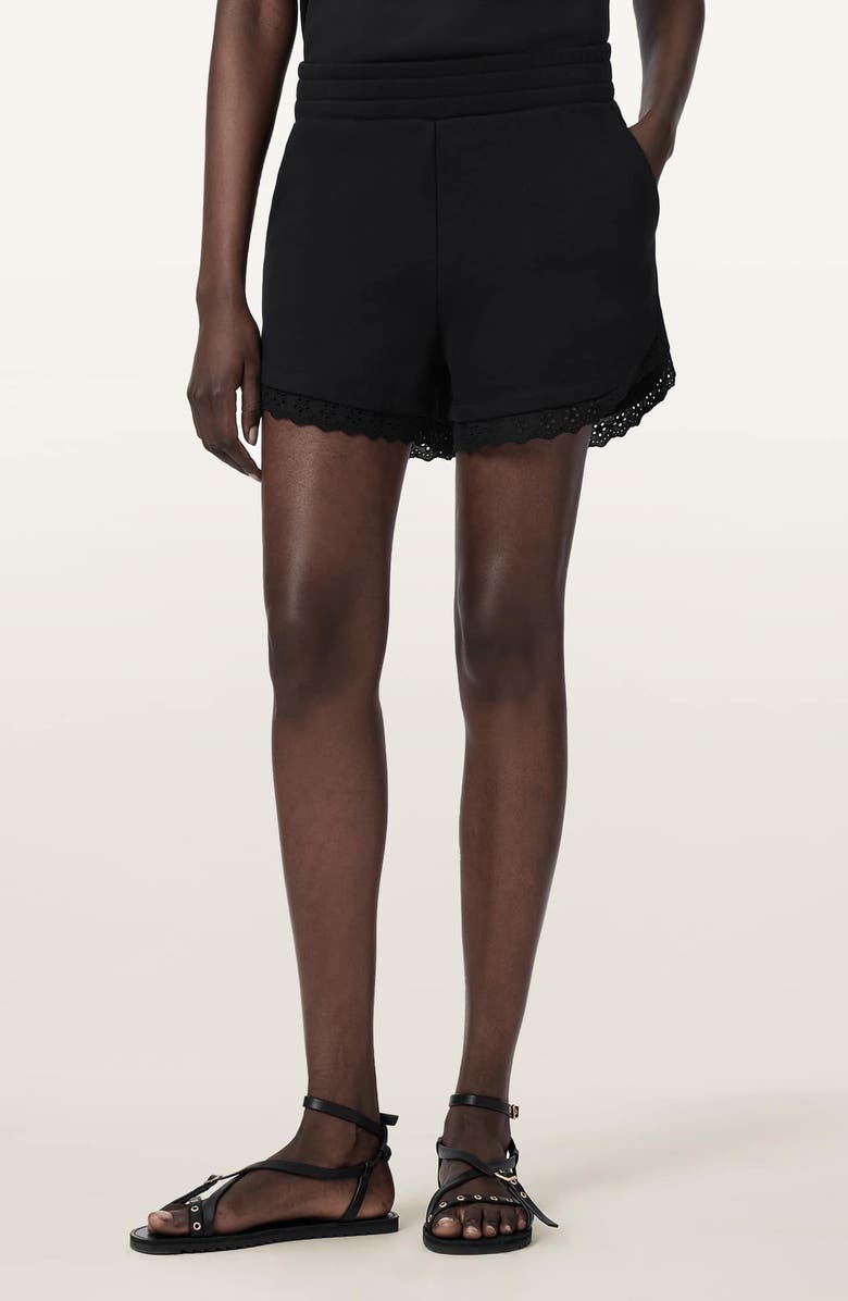 AllSaints Lele Eyelet Trim Cotton Shorts, Main, color, Black