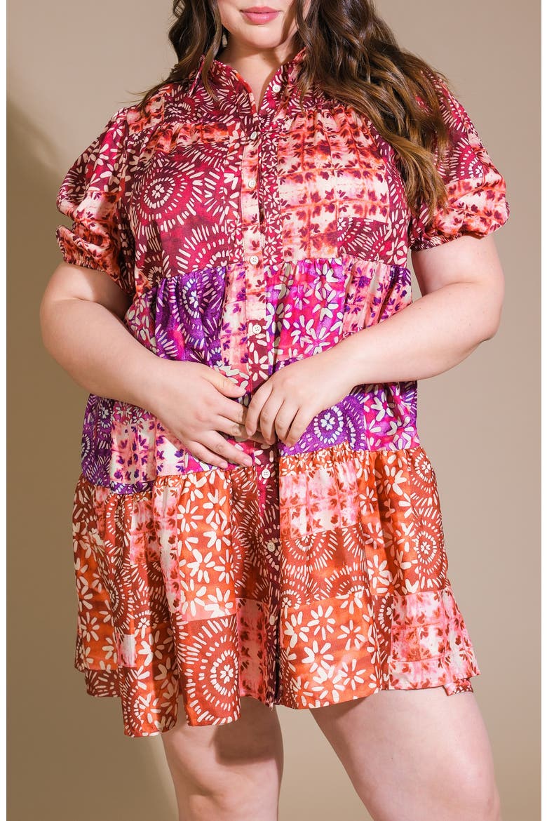 Floral Patchwork Puff Sleeve Tiered Babydoll Shirtdress, Alternate, color, BURGUNDY RUST