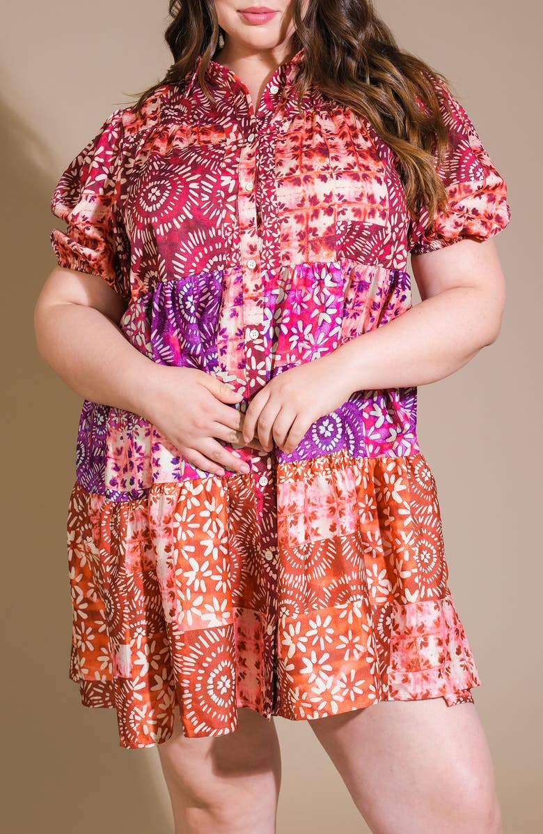 FLYING TOMATO Floral Patchwork Puff Sleeve Tiered Babydoll Shirtdress, Alternate, color, Burgundy Rust