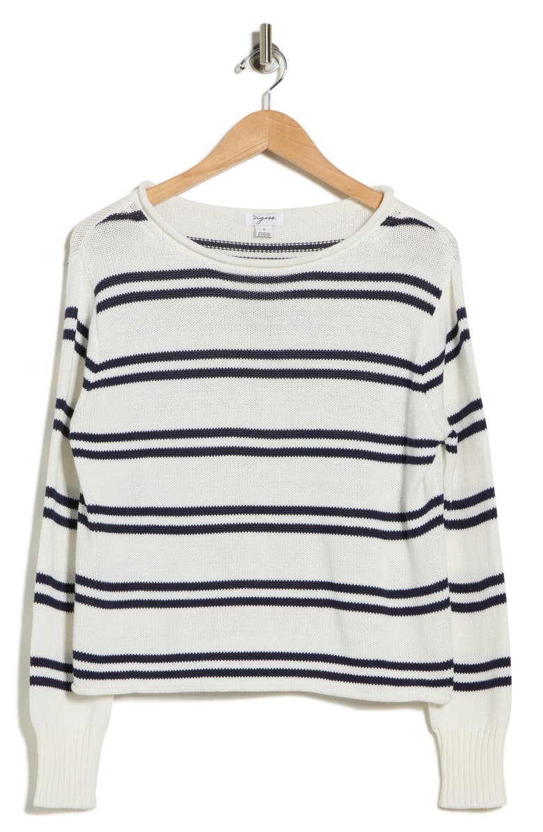 Vigoss Stripe Boat Neck Crop Sweater, Main, color, Creme/ Navy