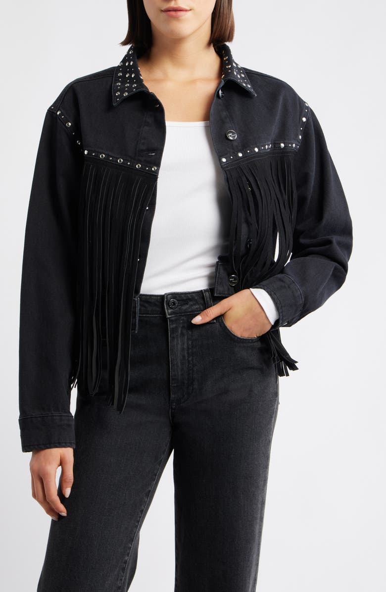 Mavi Jeans Jenna Smoke Fringe Stud Detail Denim Jacket, Main, color, Smoke Fringe Denim