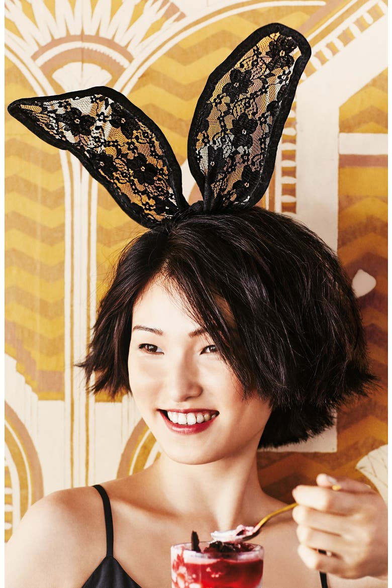 'Drama' Lace Bunny Ear Headband, Alternate, color, BLACK