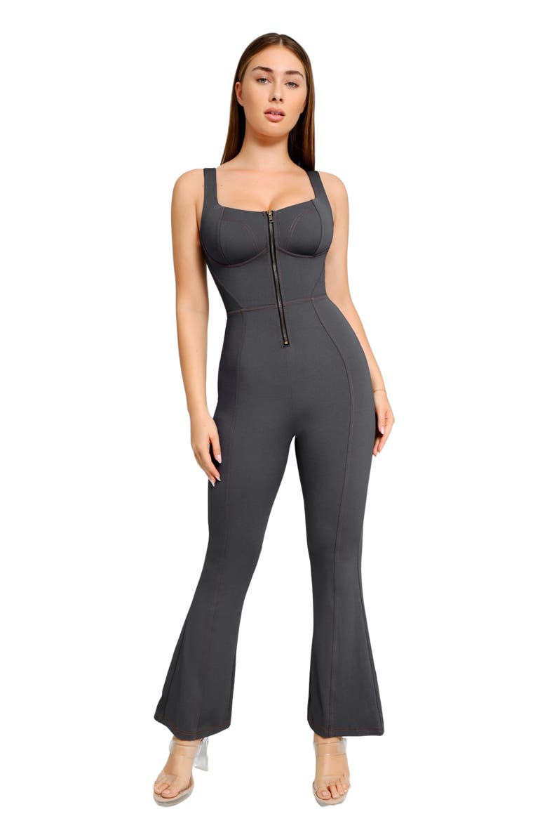 Popilush Shapewear Sculpting Denim Tank Flare Leg Jumpsuit, Main, color, Charcoal Black