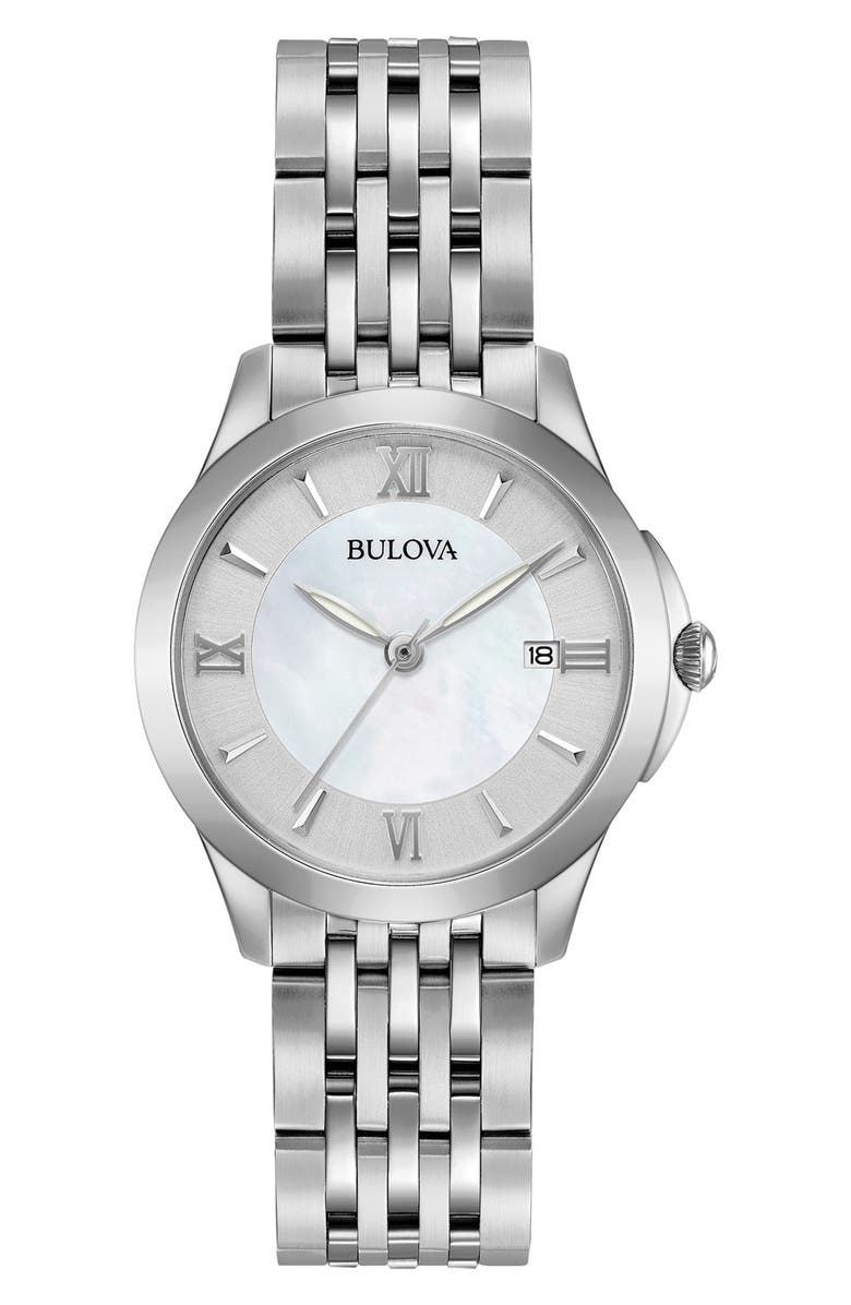 BULOVA Mother of Pearl Dial Bracelet Watch, 28mm, Main, color, Silver