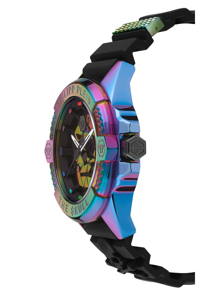 The Skull Silicone Strap Watch, 44mm, Alternate, color, IP RAINBOW
