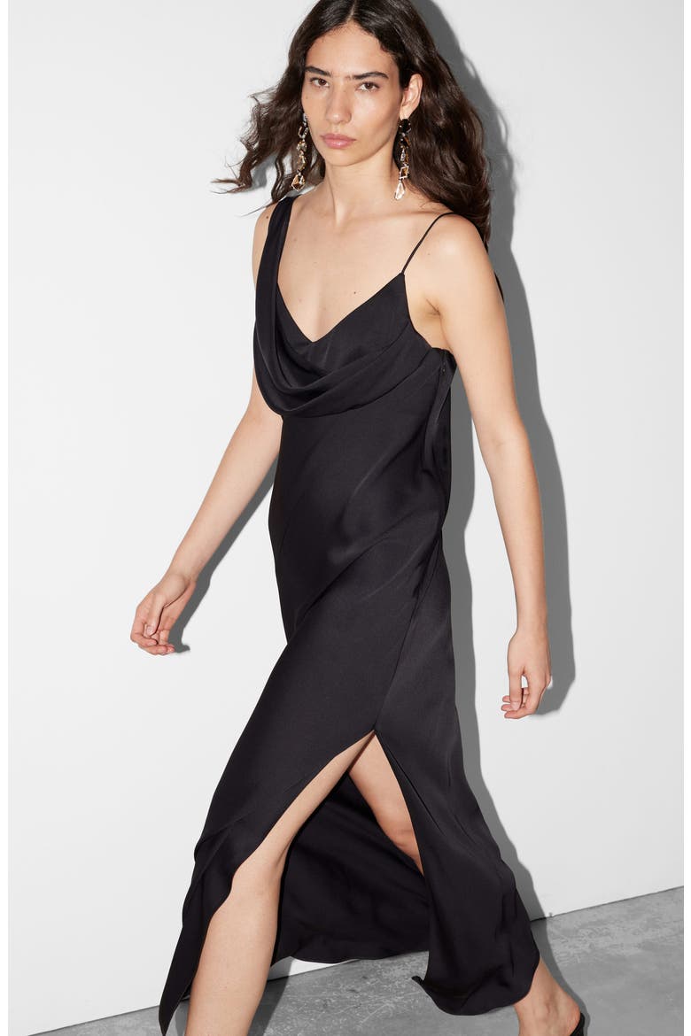 Asymmetric Cowl Neck Satin Midi Dress, Alternate, color, BLACK DARK