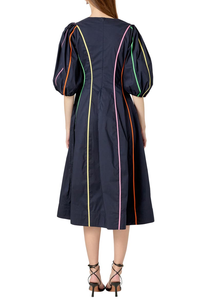 Contrast Trim Puff Sleeve Cotton Blend Midi Dress, Alternate, color, NAVY MULTI