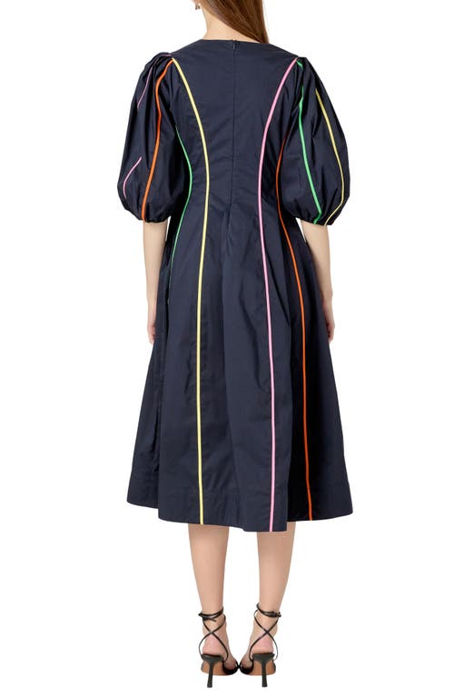 ENGLISH FACTORY ENGLISH FACTORY CONTRAST TRIM PUFF SLEEVE COTTON BLEND MIDI DRESS