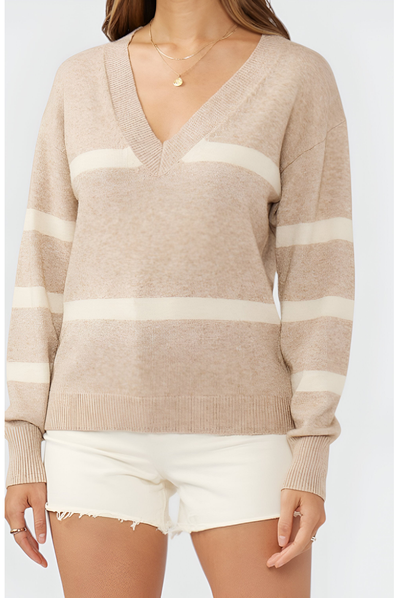 Striped V-Neck Drop-Shoulder Ribbed-Trim Sweater, Alternate, color, Beige / Cream