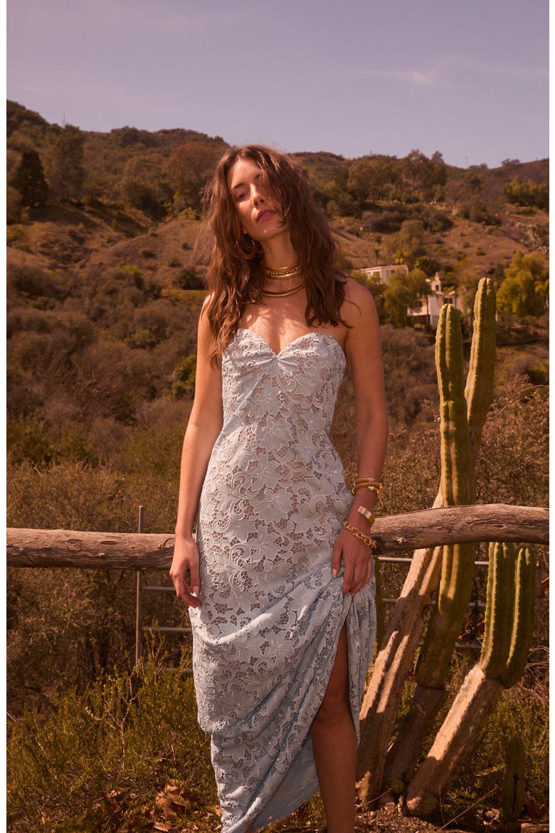 Lindsey Strapless Floral Lace Gown, Alternate, color, MINERAL BLUE