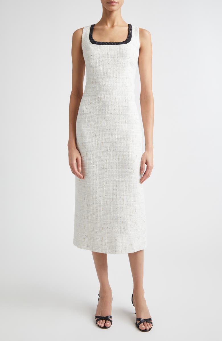 ST. JOHN Cannes Stud Trim Tweed Midi Sheath Dress, Main, color, Ecru Metallic/ Black