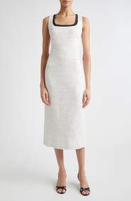 ST. JOHN Cannes Stud Trim Tweed Midi Sheath Dress