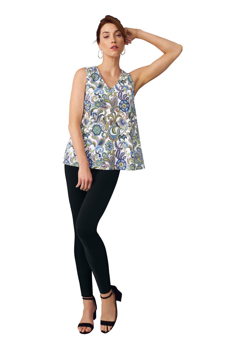 Jessica London Stretch Cotton V-Neck Trapeze Tank, Main, color, White Multi Paisley