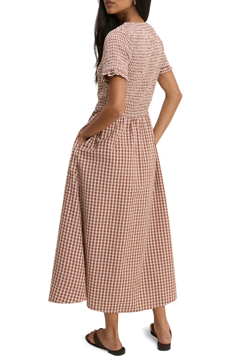 Eliza Smocked Gingham Maxi Dress, Alternate, color, BROWN