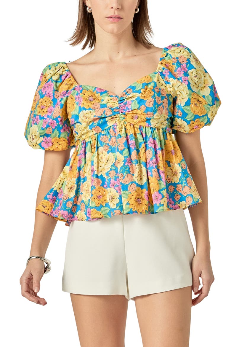 Floral Print Puff Sleeve Shirt, Main, color, BLUE MULTI
