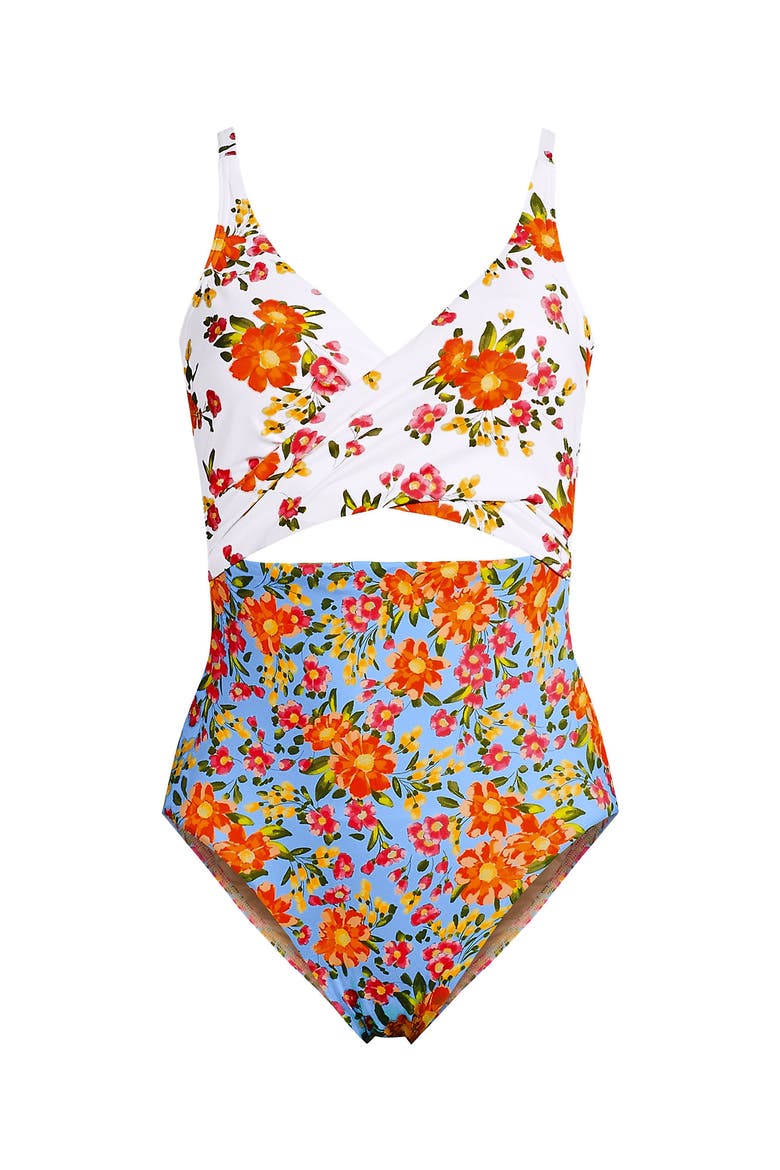 Wrap Monokini High Leg One Piece Swimsuit, Alternate, color, White/Blue Spring Floral