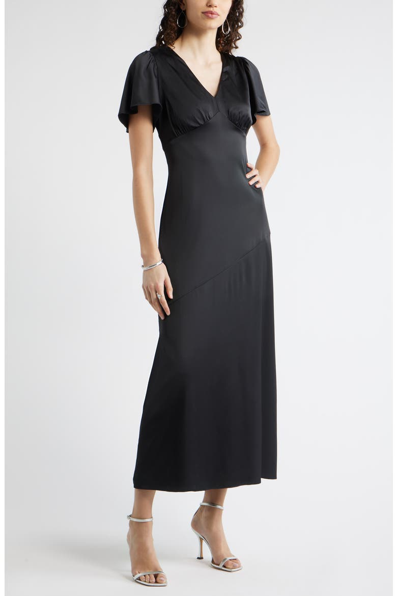Flutter Sleeve Satin Maxi Dress, Main, color, BLACK