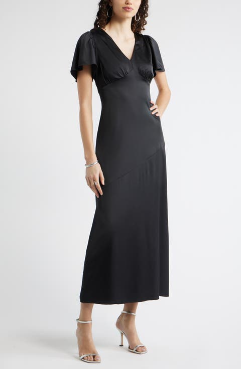 Flutter Sleeve Satin Maxi Dress