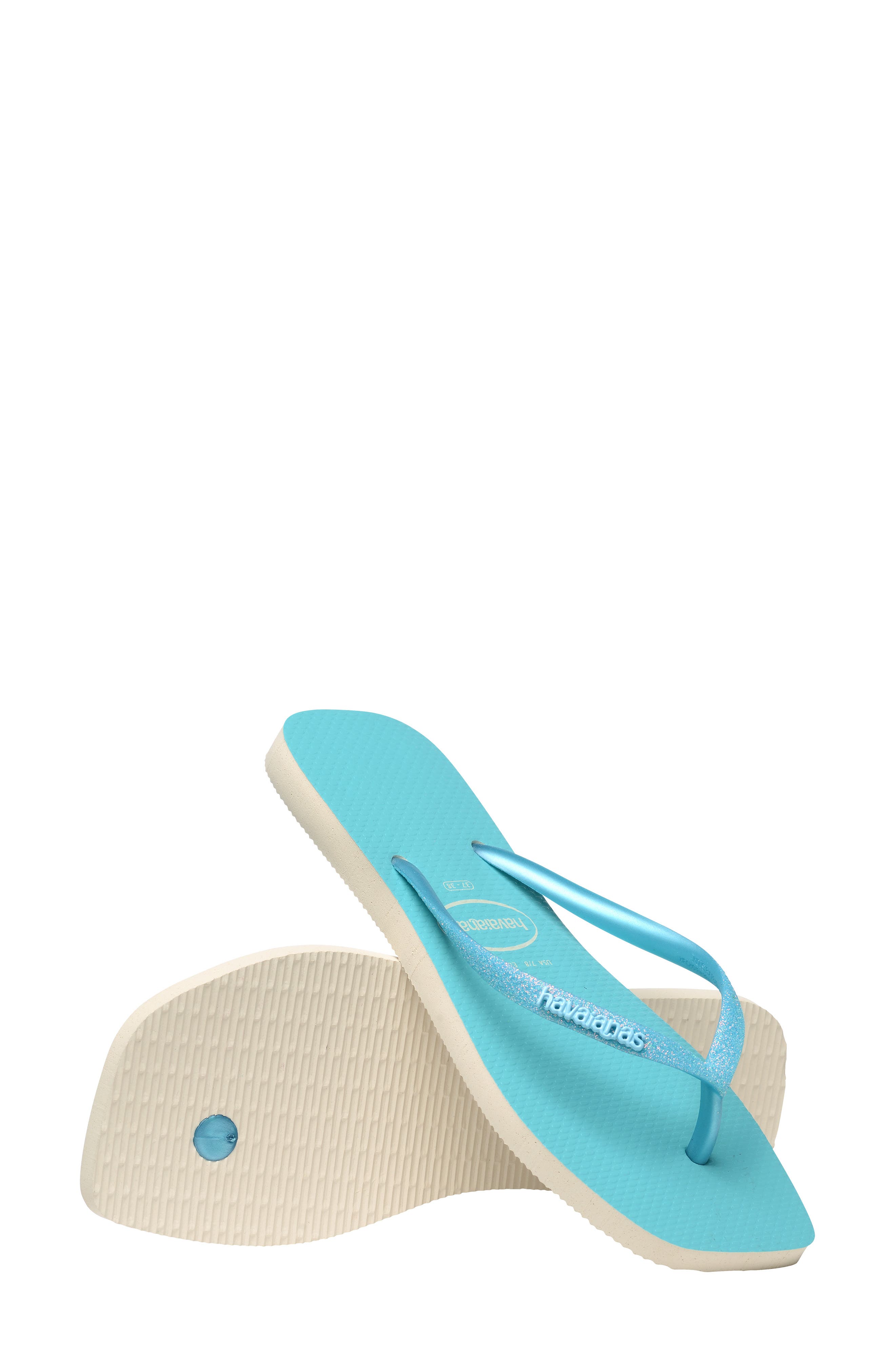 Havaianas Slim Square Glitter Neon Flip Flop, Alternate, color, Beige/ Blue
