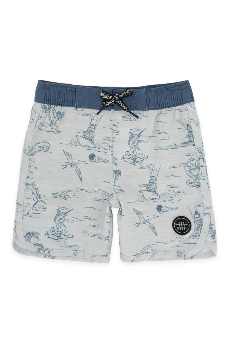 Kids' Scallop Tropical Print Board Shorts, Main, color, CLOUDY SKY