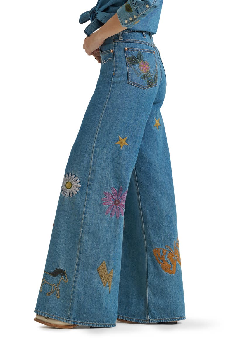 x Lainey Wilson Embroidered Cheeky Wide Leg Jeans, Alternate, color, DENIM