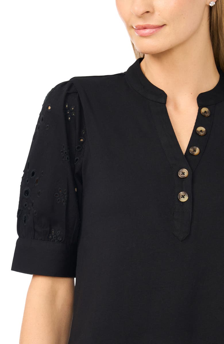 CeCe Puff Sleeve Mixed Media Cotton Top, Alternate, color, Rich Black