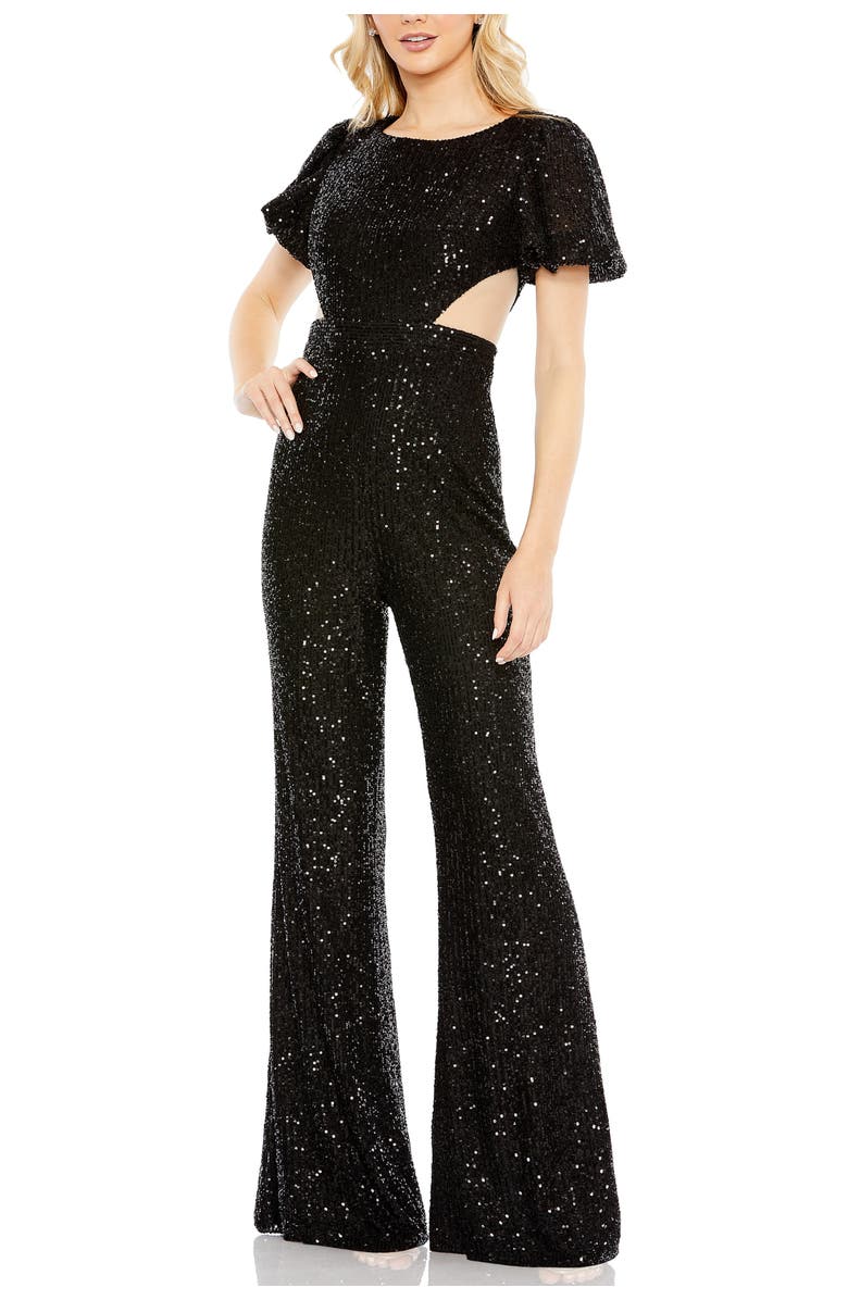Mac Duggal Sequined Puff Shoulder Illusion Cut Out Jumpsuit, Main, color, Black
