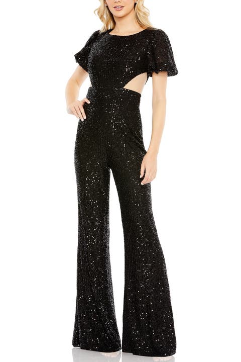 Sequined Puff Shoulder Illusion Cut Out Jumpsuit