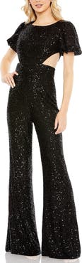 Mac Duggal Sequined Puff Shoulder Illusion Cut Out Jumpsuit
