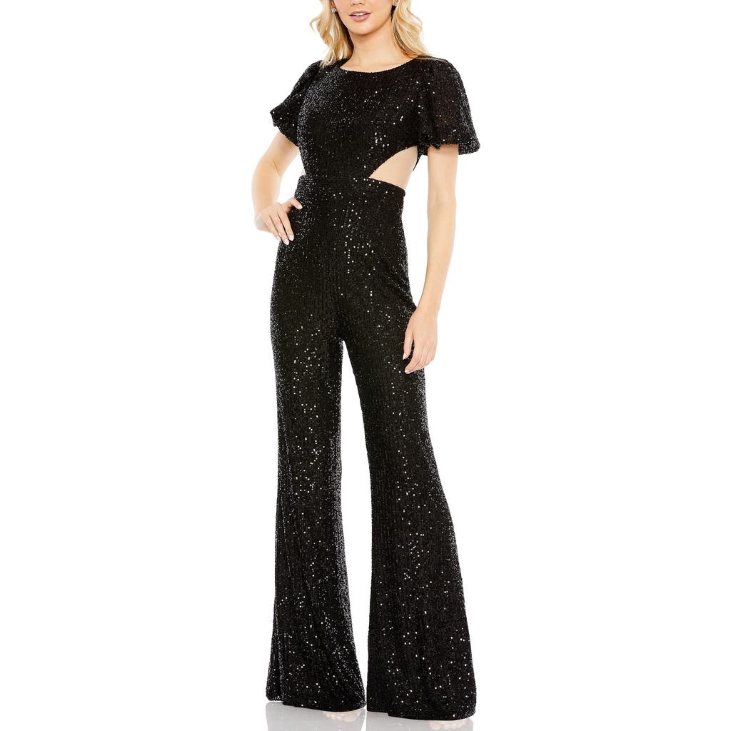 Mac Duggal Sequined Puff Shoulder Illusion Cut Out Jumpsuit In Animal Print