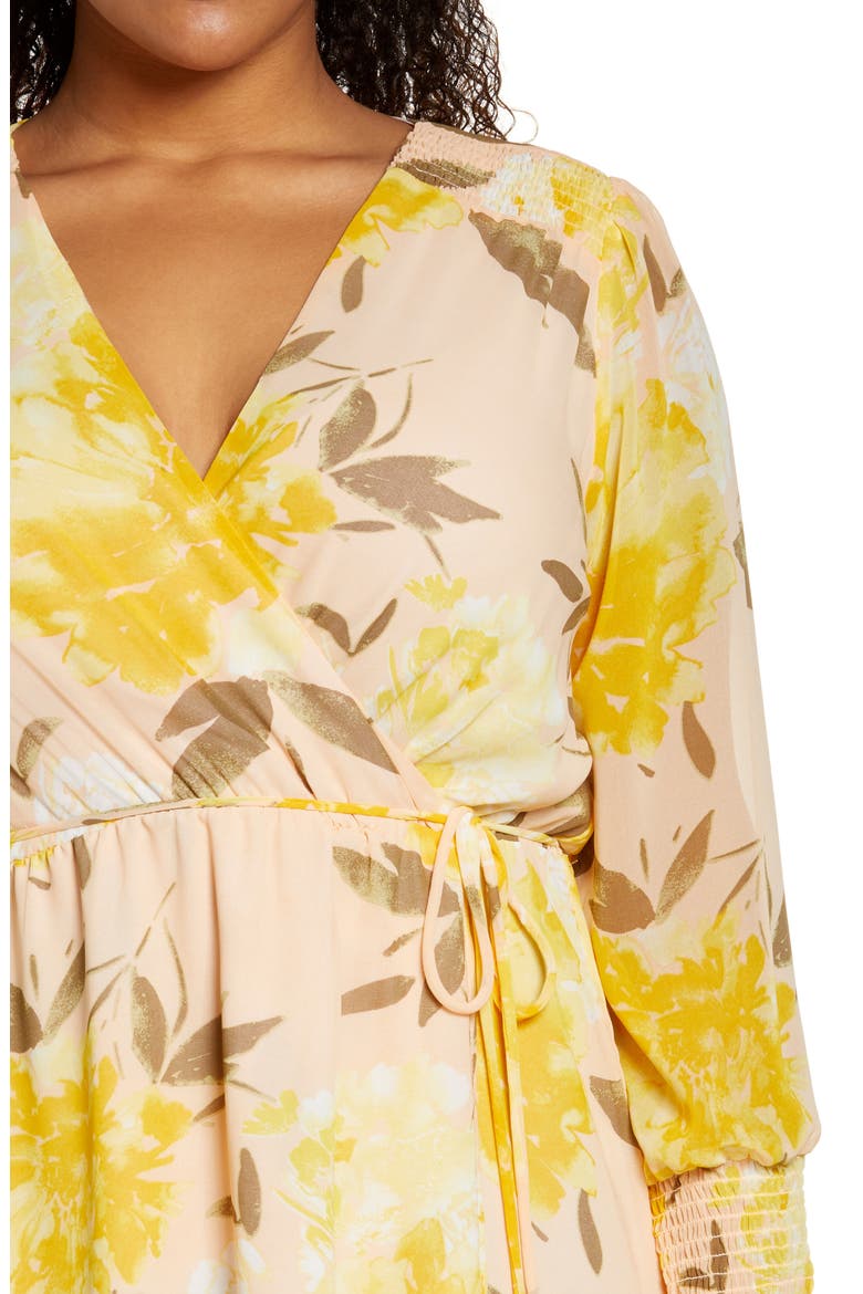 Wrap Front Long Sleeve Midi Dress, Alternate, color, PINK PEACH- YELLOW FLRL