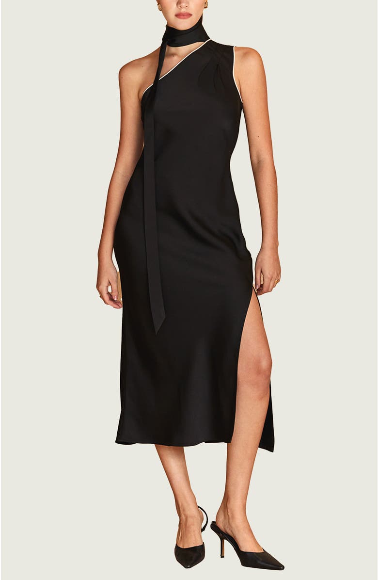 CRESCENT One Shoulder Scarf Satin Midi Dress, Main, color, Black