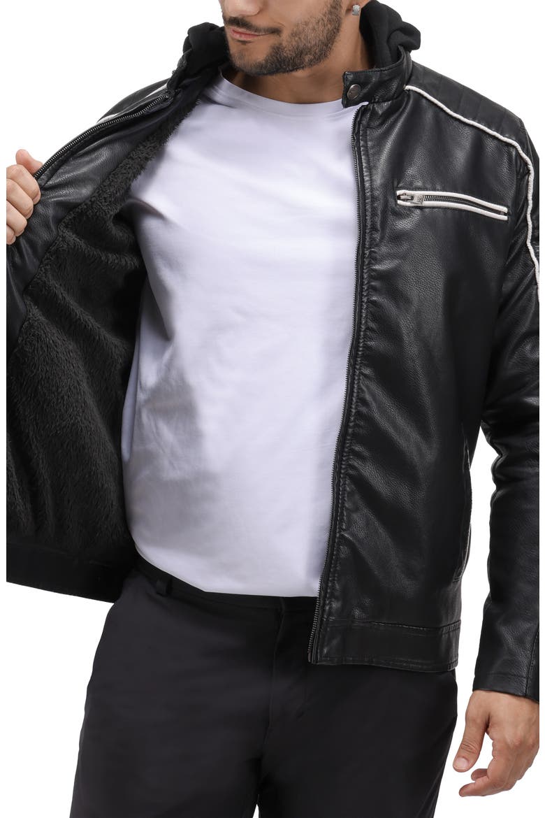 Faux Leather Hooded Moto Jacket with Faux Fur Lining, Alternate, color, BLACK/ WHITE