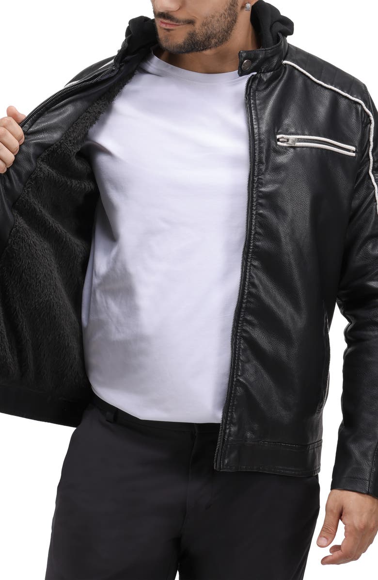 XRAY Faux Leather Hooded Moto Jacket with Faux Fur Lining, Alternate, color, Black/ White